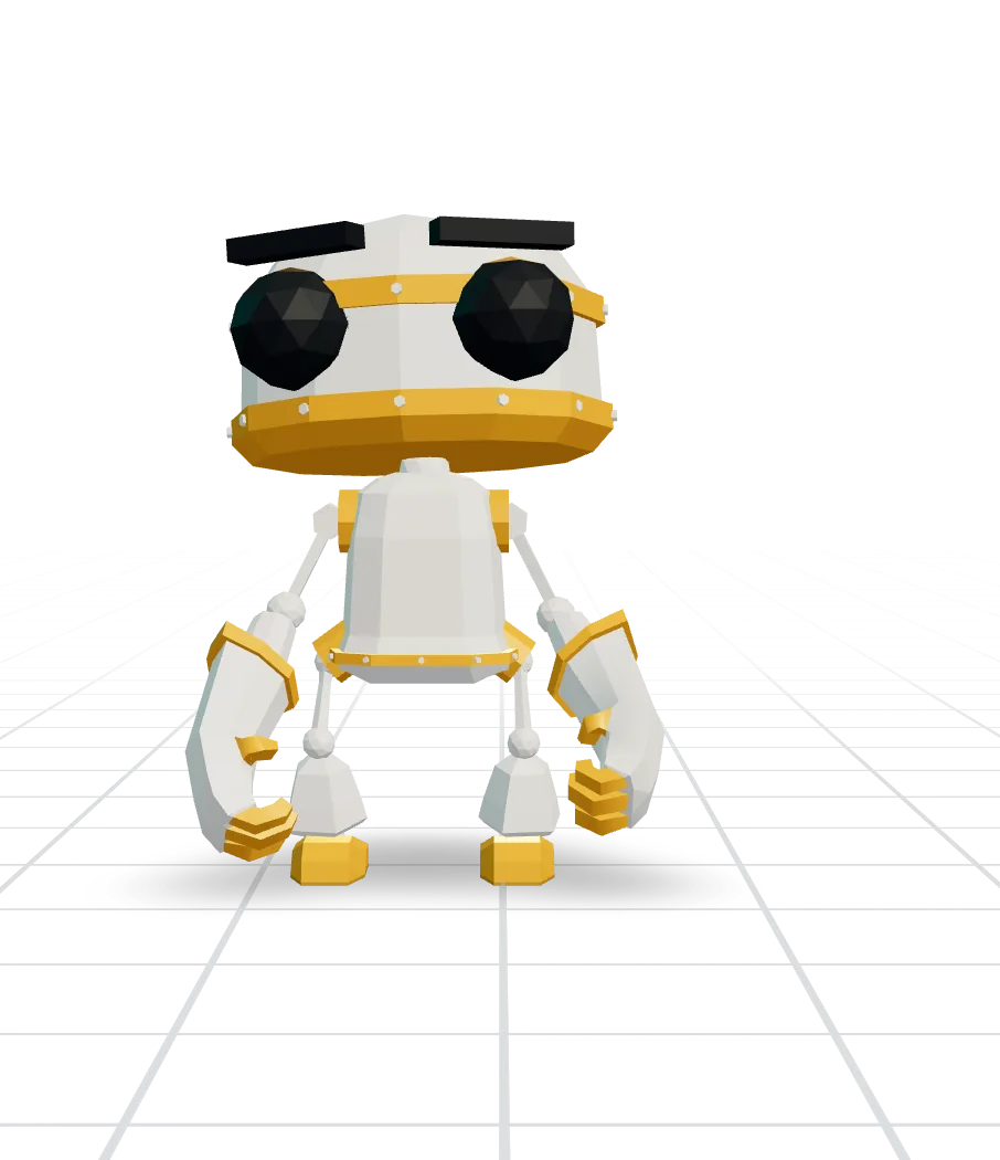 A small white robot with amber joints standing on a blueprint grid